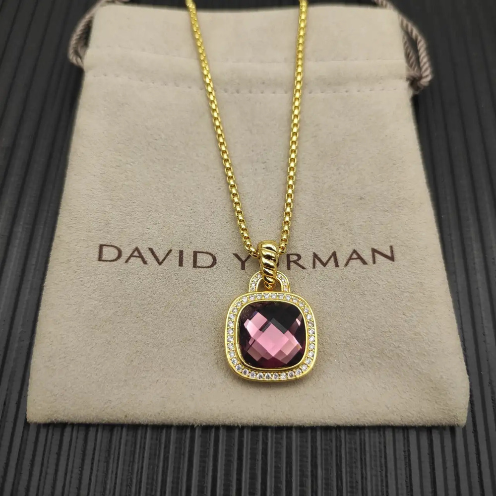 David Yurman Gold and Purple Diamond Center Stone Square Diamond Necklace